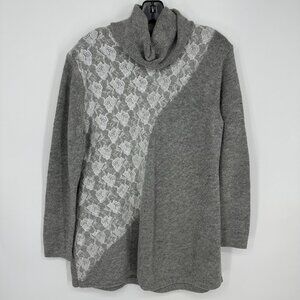 Soft Surroundings Turtleneck‎ Floral Lace Asymmetrical Sweater Relaxed Fit Gray